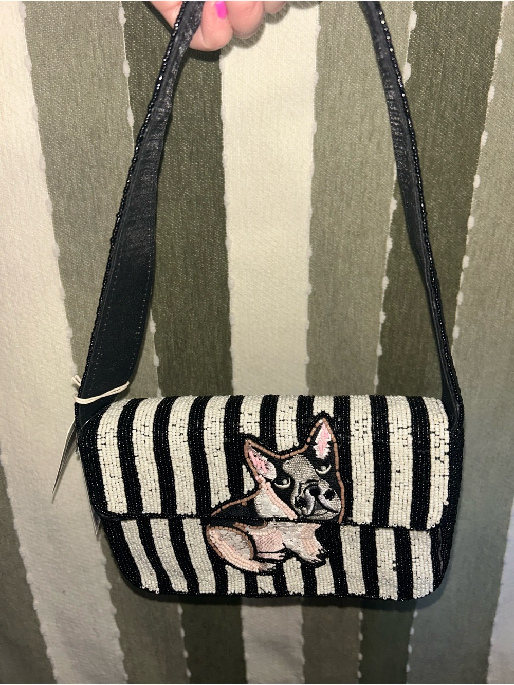 Beaded Black & White Striped Shoulder Bag with Dog Motif